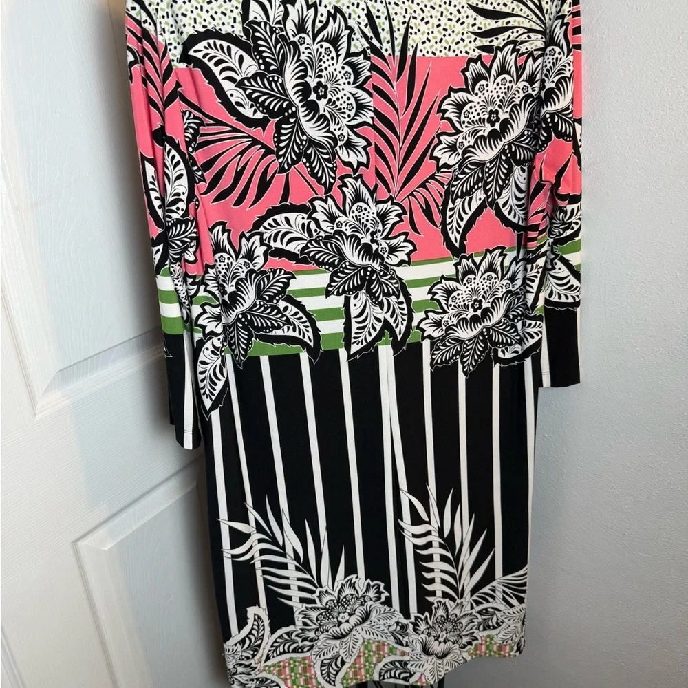 Donna Morgan Floral Print Midi Dress - Pink, Green, Black - Picture 4 of 9